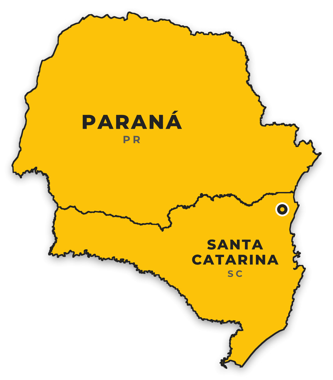 Mapa com os estados de Santa Catarina e Paraná e a sede em Joinville